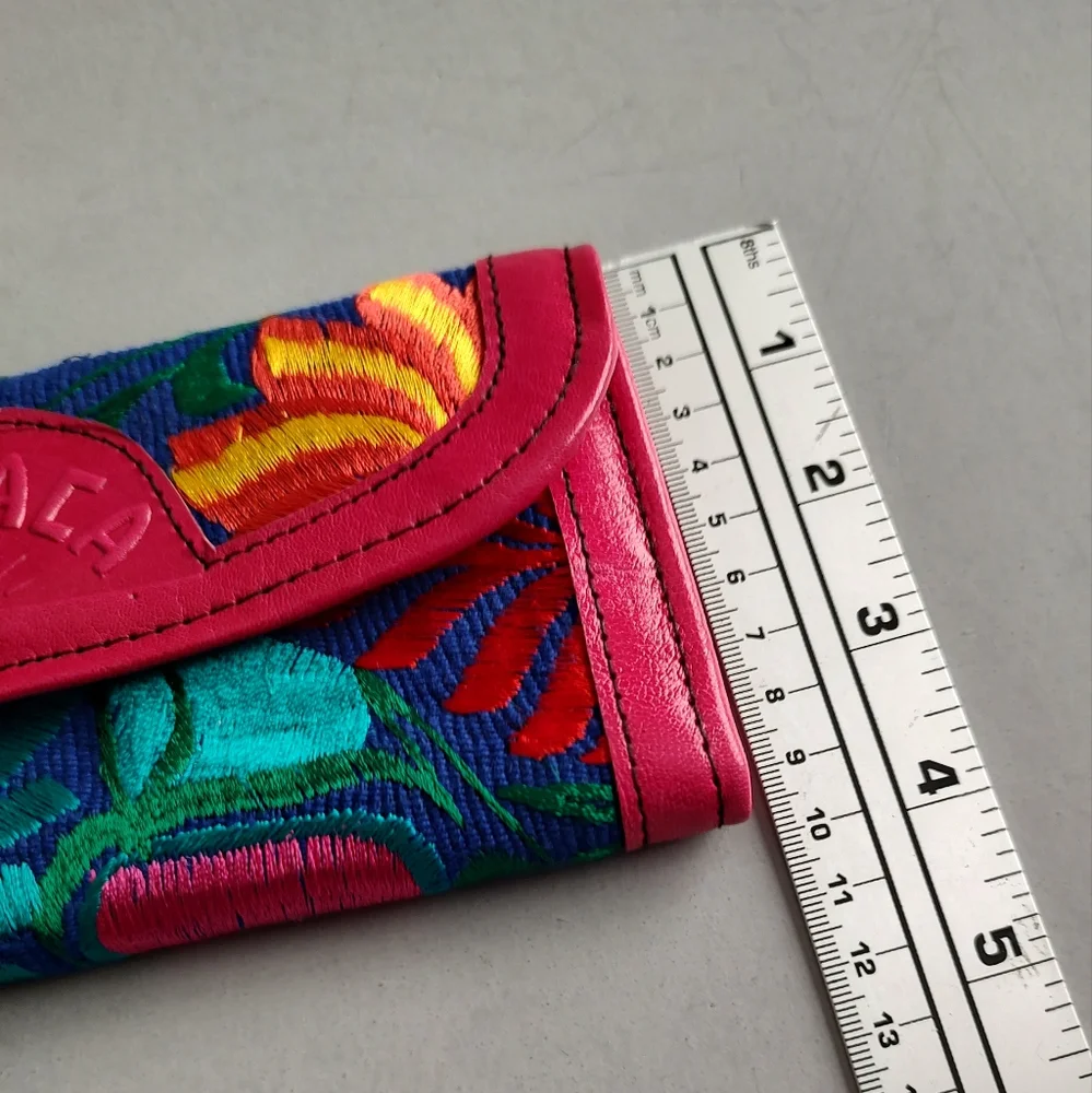 Wallet Leather Embroidery Hand Made By Oaxaca Mexico Color Fiusha  New Artisanal